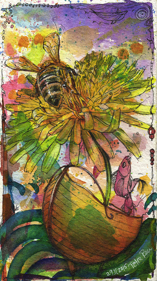 Bee and Dandelion-Sailing Painting by Petra Rau