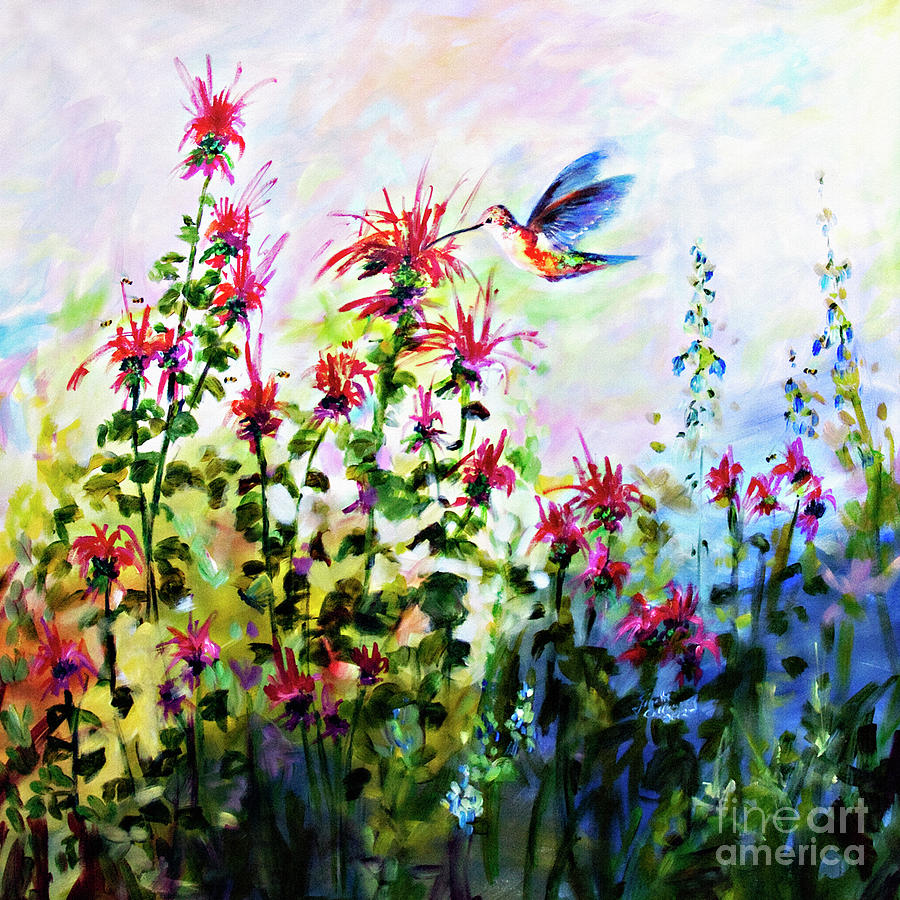 Bee balm and Hummingbird in Garden Painting by Ginette Callaway