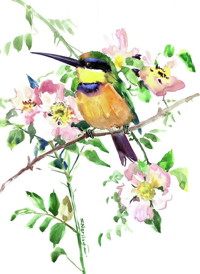 Bee-Eater and Rosehip Flowers, bird and flowers Painting by Suren Nersisyan