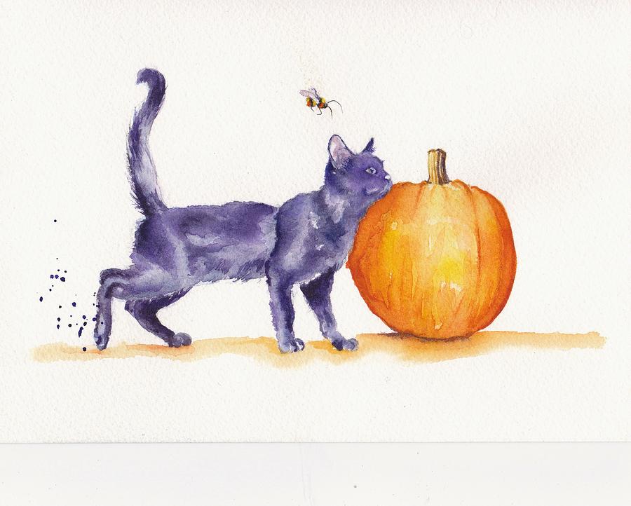 Bee Halloween - Black Cat Painting by Debra Hall