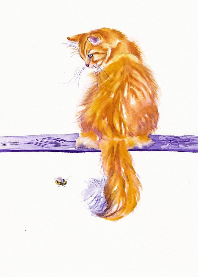 Cat Painting - Bee-hind - Ginger Cat by Debra Hall