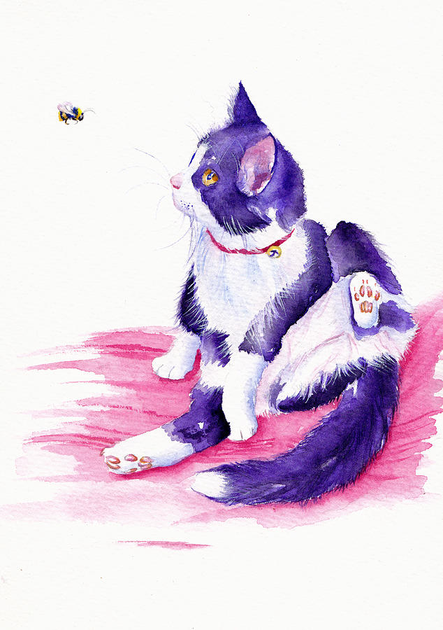 Cat Painting - Bee Interrupted - Tuxedo Cat by Debra Hall