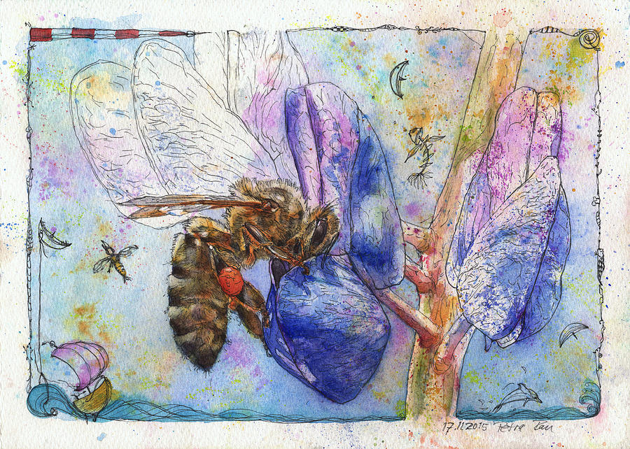 Bee on Blue Lupin blossom. Painting by Petra Rau