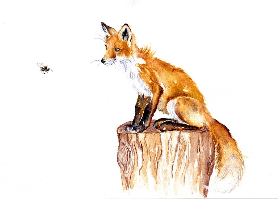 Bee Stumped - sitting fox Painting by Debra Hall