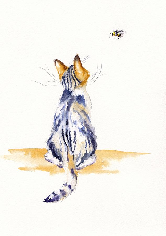 Watercolour Kitten - Bee Watchful Painting by Debra Hall