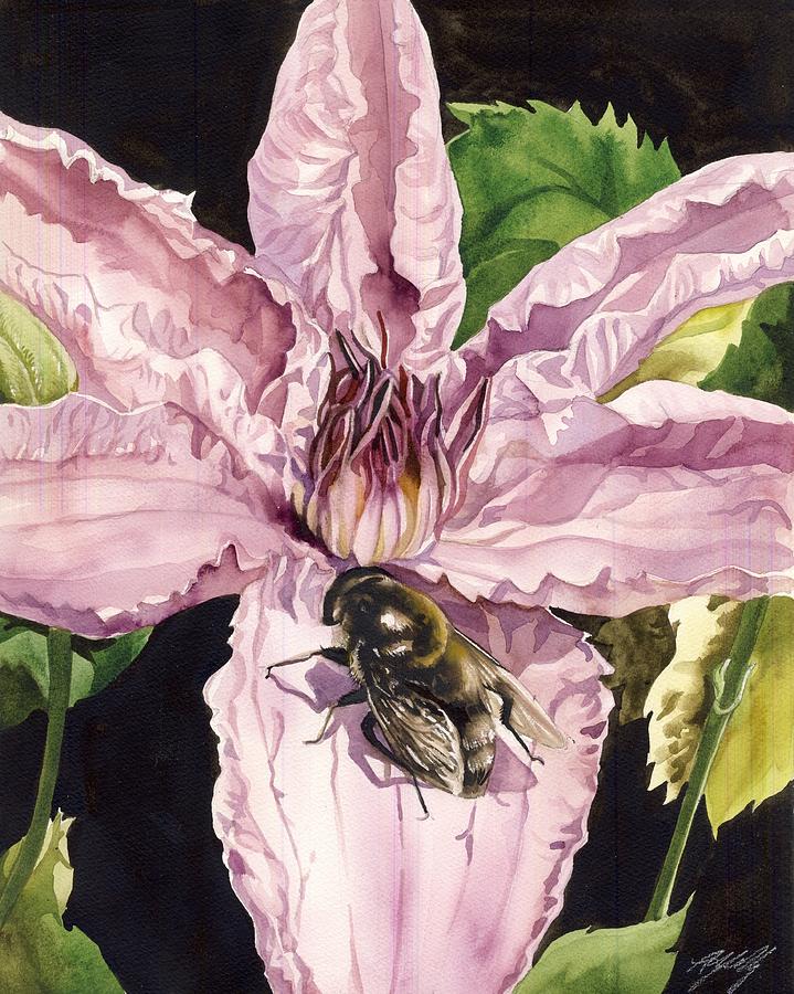 Bee With Pink Clematis Painting by Alfred Ng