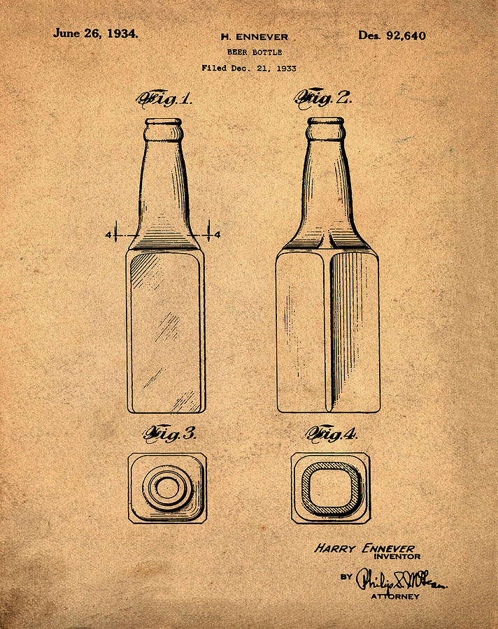Beer Bottle Patent 1934 Sepia Photograph by Bill Cannon