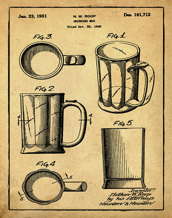 Beer Mug Patent 1951 in Sepia Digital Art by Bill Cannon