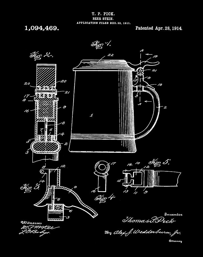 Beer Digital Art - Beer Stein Patent 1914 in Black by Bill Cannon
