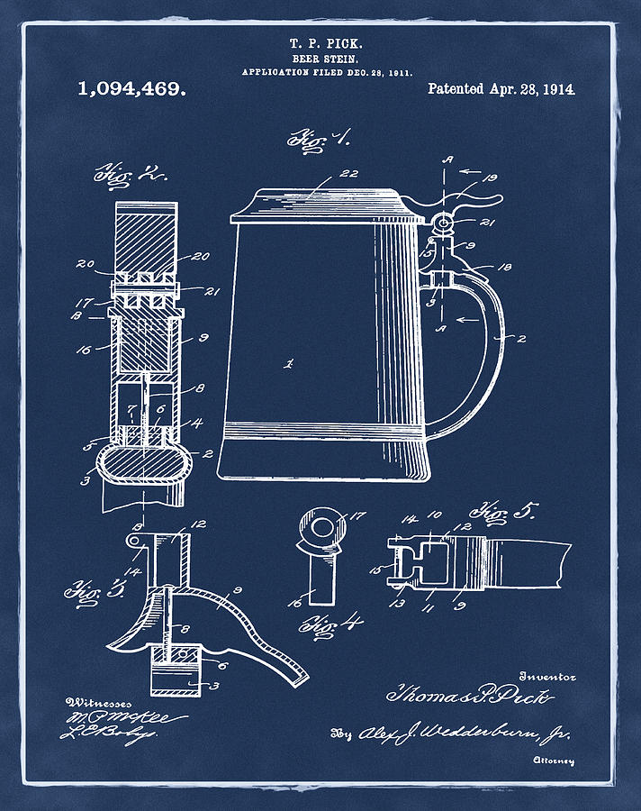 Beer Stein Patent 1914 in Blue Digital Art by Bill Cannon