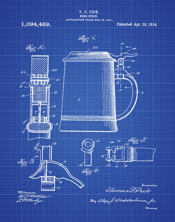 Beer Stein Patent 1914 in Blue Print Digital Art by Bill Cannon