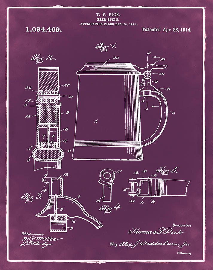 Beer Stein Patent 1914 in Red Digital Art by Bill Cannon