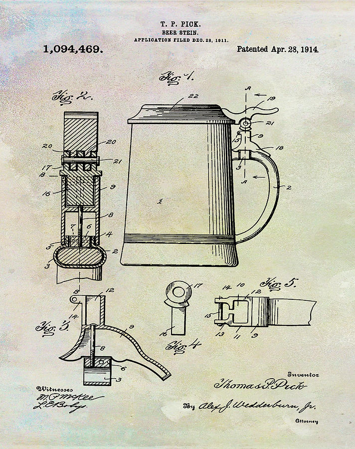 Beer Stein Patent 1914 in Weathered Digital Art by Bill Cannon