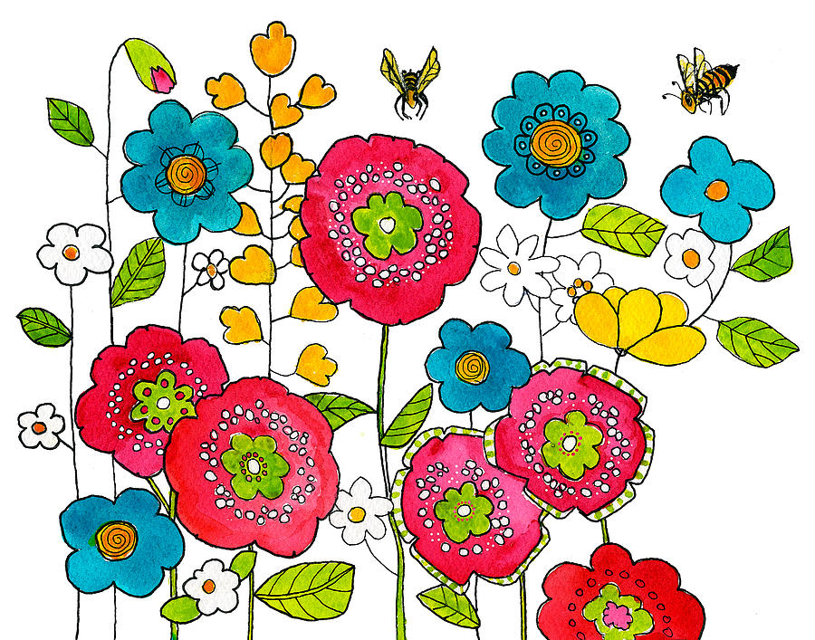 Floral Painting - Bees And Flowers by Blenda Studio Floral Painting - Bees And Flowers by Blenda Studio
