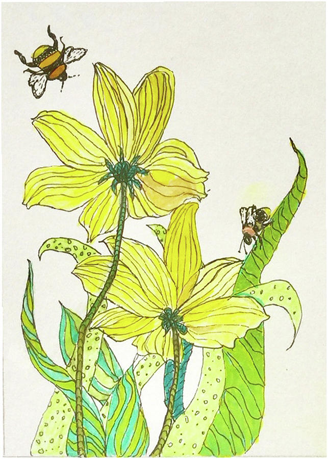 Bees and Flowers Drawing by Harriett Masterson