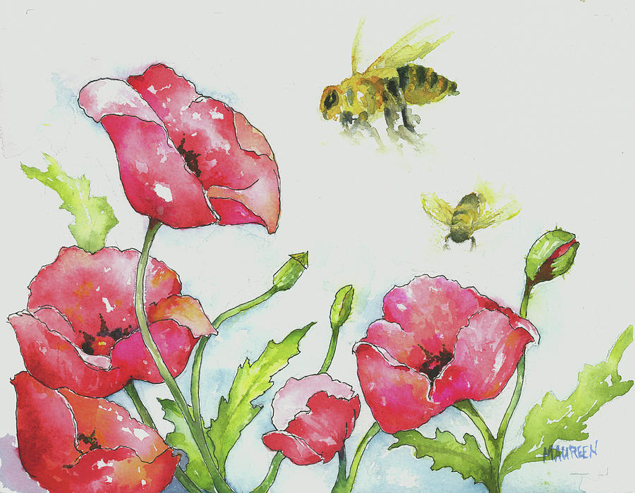 Bees and poppies Painting by Maureen Moore