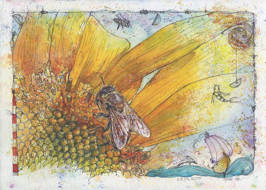 Bees and Sunflower Painting by Petra Rau