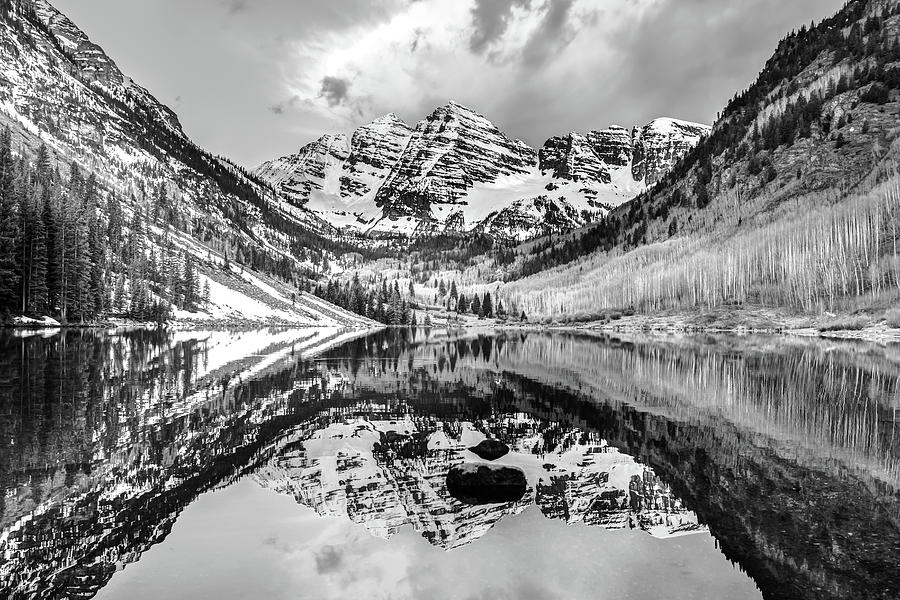 Maroon Bells Monochrome Nature and Mountain Landscape - Aspen Colorado Photograph by Gregory Ballos