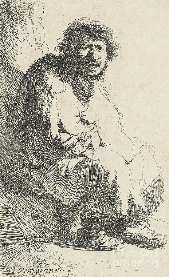Rembrandt Drawing - Beggar seated on a Bank by Rembrandt Harmensz van Rijn