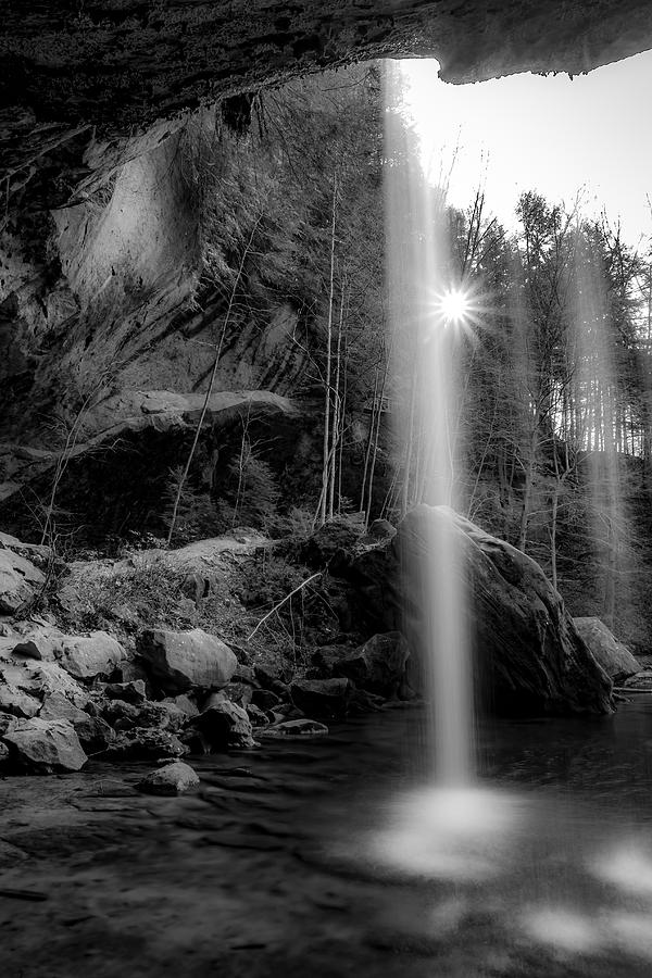 Black And White Photograph - Behind the Lower Falls - Hocking Hills by Ron Pate