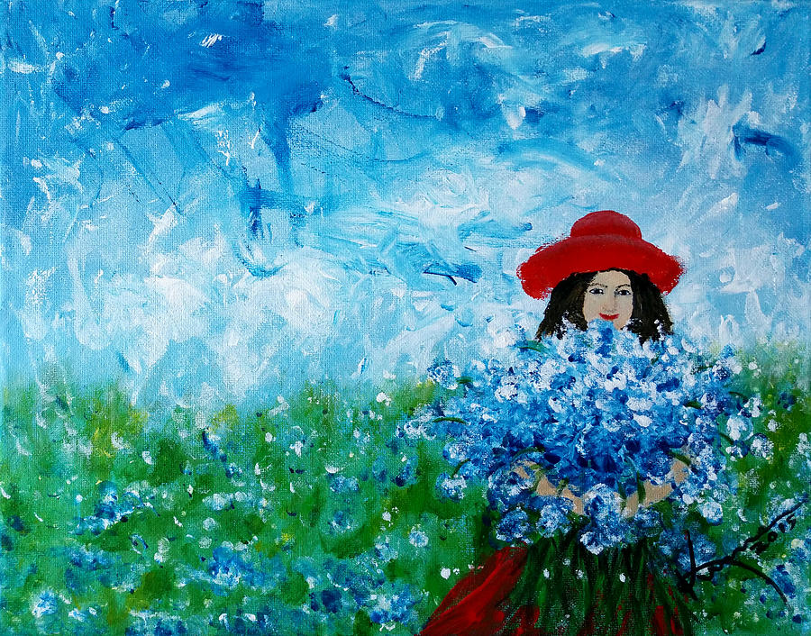 Being a Woman - #3 In a field of bluebonnets Painting by Kume Bryant