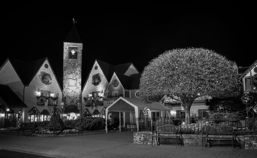 Bell Tower Square Christmas in Black and White Photograph by Greg and Chrystal Mimbs