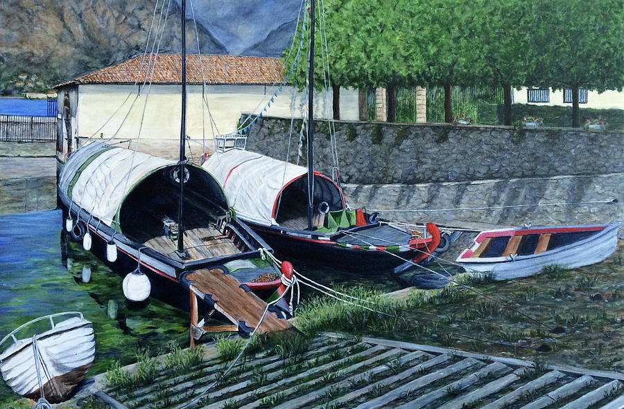 Bellagio Boats Painting by Bonnie Peacher