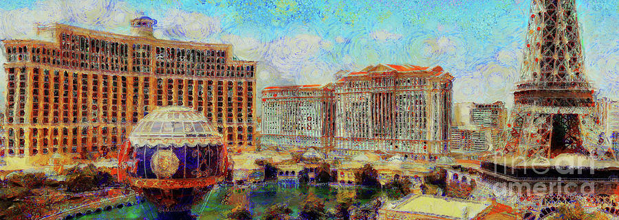 Bellagio Casino From Paris Hotel and Casino on The Las Vegas Strip Las Vegas Nevada 20180518 pano Photograph by Wingsdomain Art and Photography