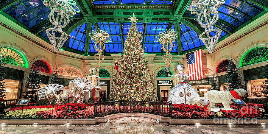 Las Vegas Photograph - Bellagio Christmas Tree Wide at Dawn 2017 2 to 1 Ratio by Aloha Art