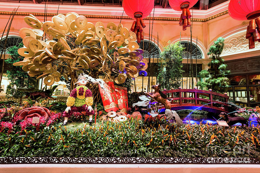 Las Vegas Photograph - Bellagio Conservatory Chinese New Year of the Dog Bridge and Coins by Aloha Art
