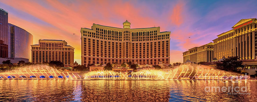 Las Vegas Photograph - Bellagio Fountains Warm Sunset 2.5 to 1 Ratio by Aloha Art
