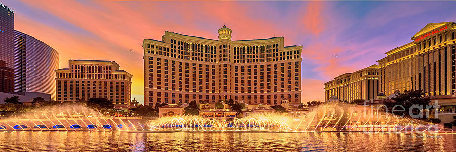 Las Vegas Photograph - Bellagio Fountains Warm Sunset 3 to 1 Ratio by Aloha Art