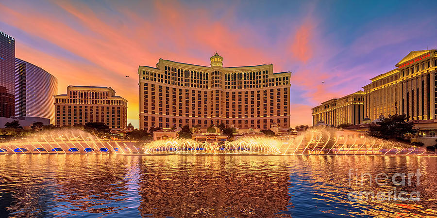Las Vegas Photograph - Bellagio Fountains Warm Sunset 2 to 1 Ratio by Aloha Art