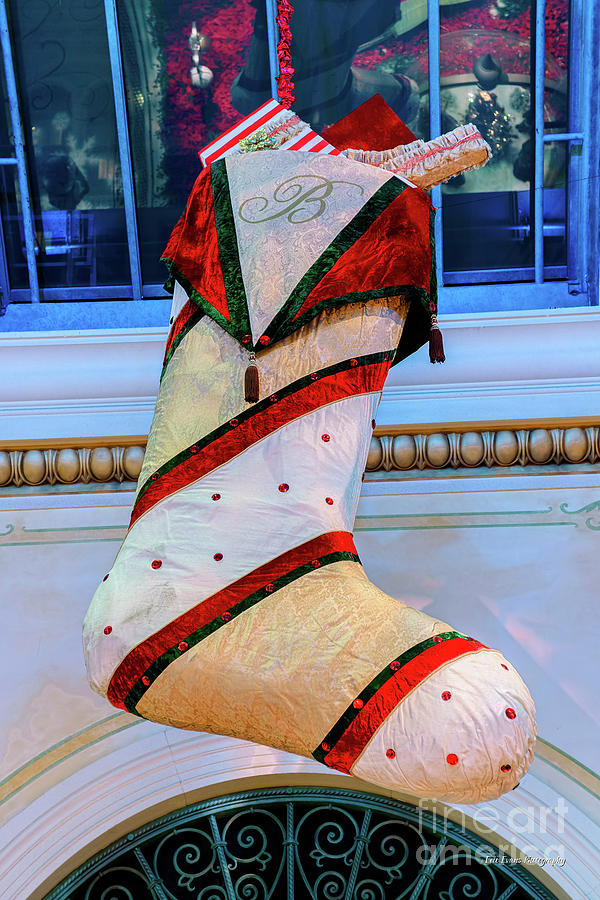 Bellagio Giant White Striped Christmas Stocking Photograph by Aloha Art