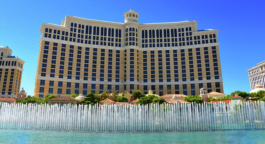 Fountain Photograph - Bellagio panoramic with fountains by David Lee Thompson