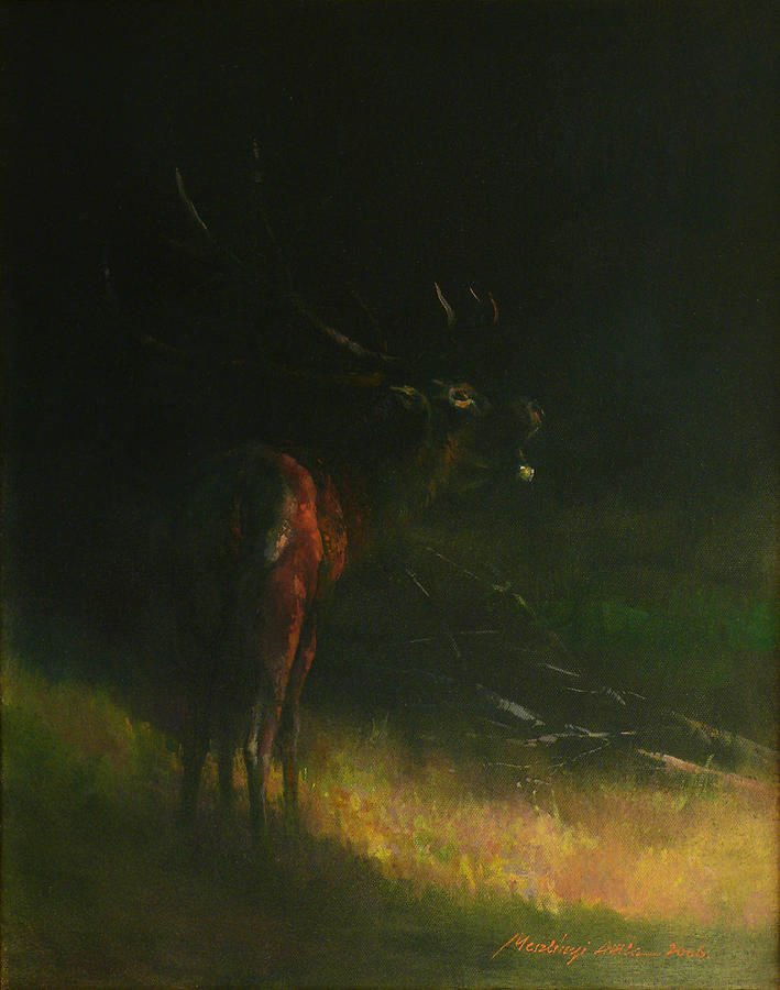 Belling Stag Painting by Attila Meszlenyi