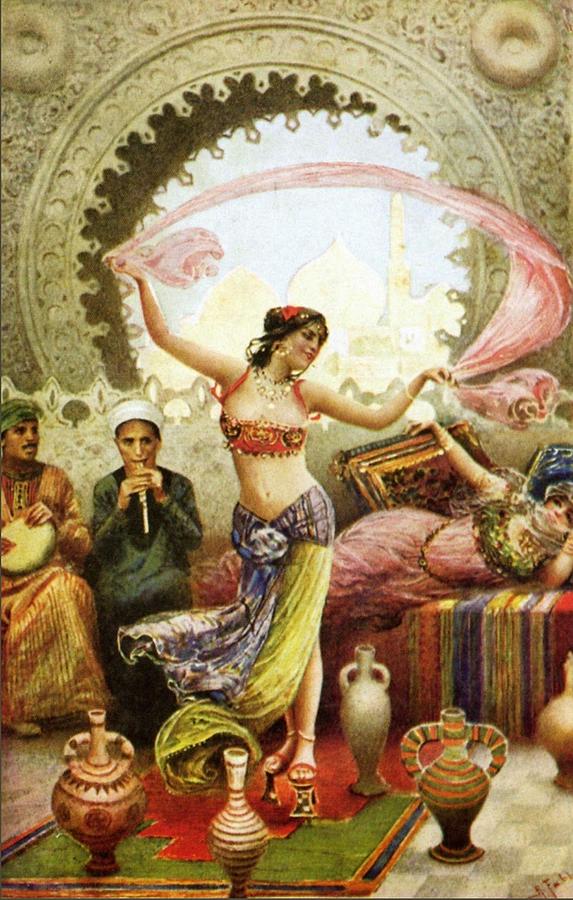Vintage Painting - Belly dancer in harem paintings for sale, art vintage poster, odalisque, orientalist, harem, egypt by Art Gallery