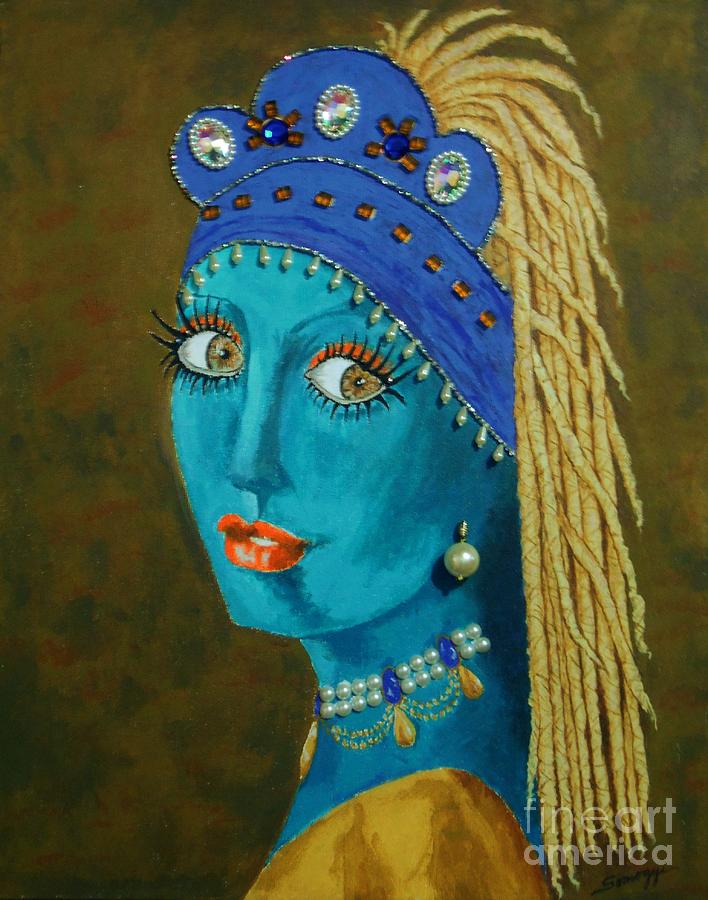 Belly Dancer with a Pearl Earring -- whimsical redo of Vermeer painting Painting by Jayne Somogy