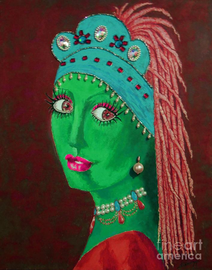 Belly Dancer With a Pearl Earring -- Red Background Painting by Jayne Somogy