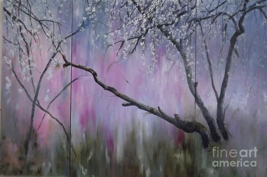 Below the Blooming Blossom Triptych Painting by Lizzy Forrester