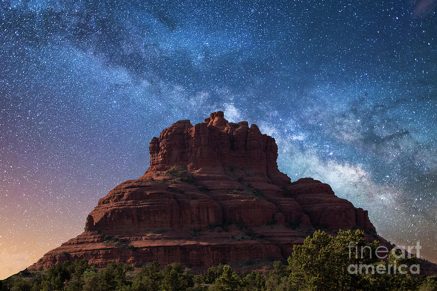 Below the Milky Way at Bell Rock Photograph by Robert Loe