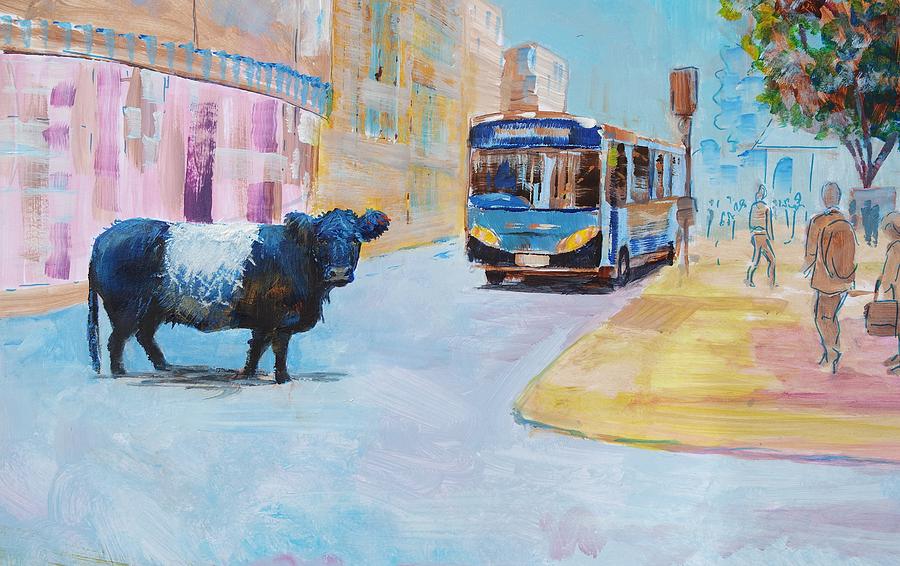 Belted Galloway Cow crossing the road Painting by Mike Jory