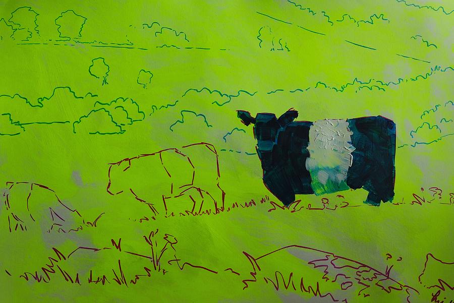 Belted Galloway Cow on Dartmoor Illustration Painting by Mike Jory