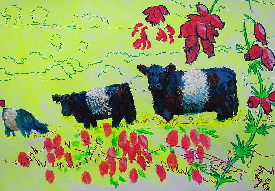 Belted Galloway Cows and Heather Illustration Painting by Mike Jory