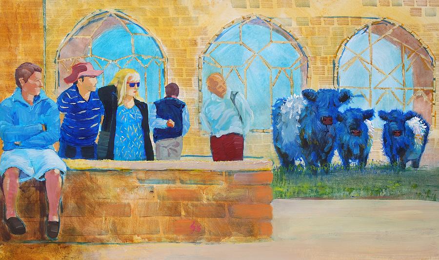 Belted Galloway Cows and People at Exeter Cathedral Painting by Mike Jory