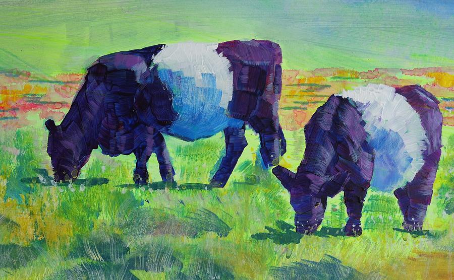 Belted Galloway Cows Grazing Painting by Mike Jory