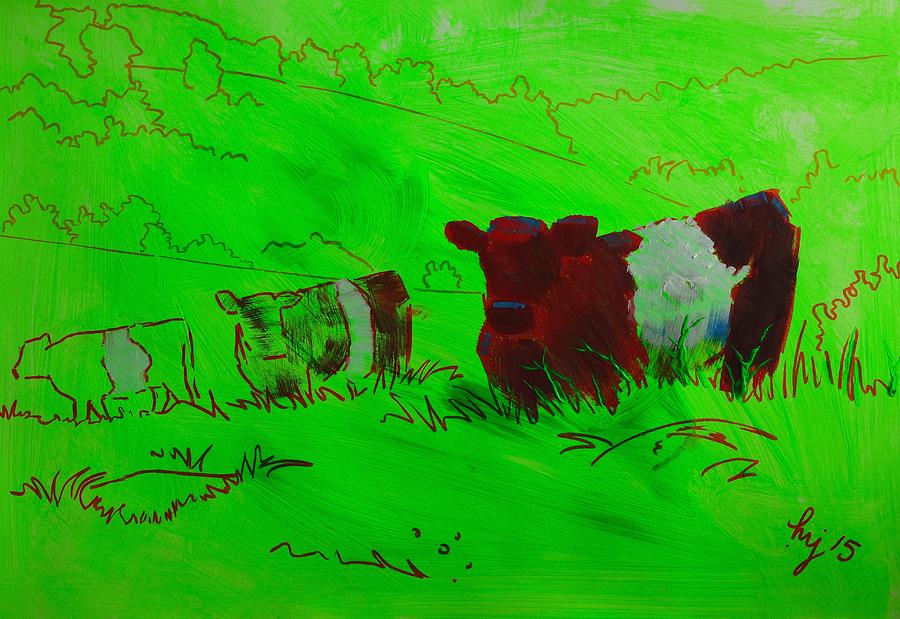 Belted Galloway Cows On Dartmoor Painting by Mike Jory
