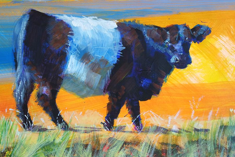 Belted galloway cow side view Painting by Mike Jory