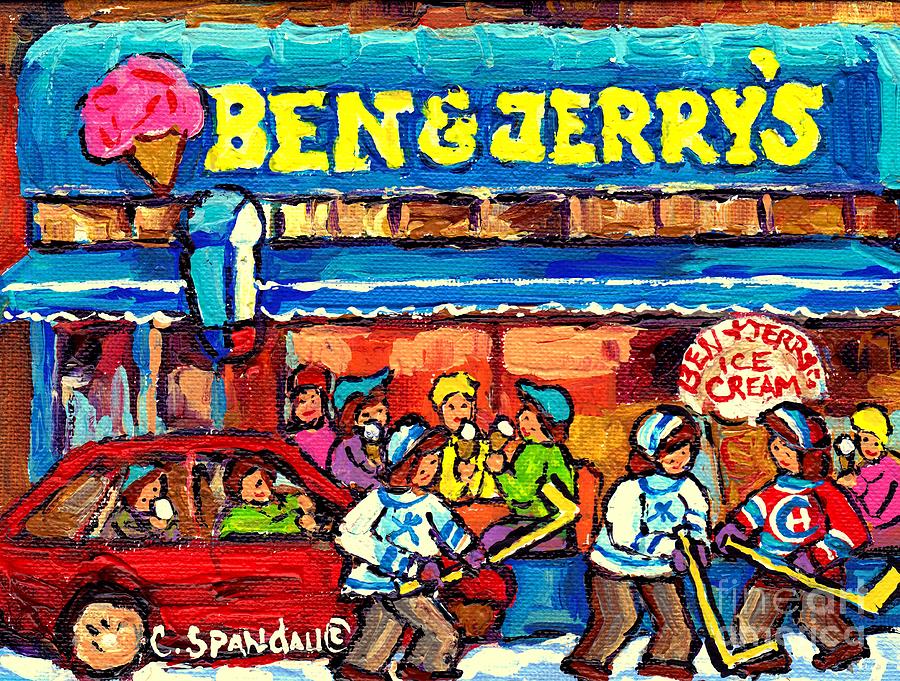 Ben And Jerrys Ice Cream Parlor Winter Hockey Scene Montreal Art Canadian Artist Carole Spandau     Painting by Carole Spandau