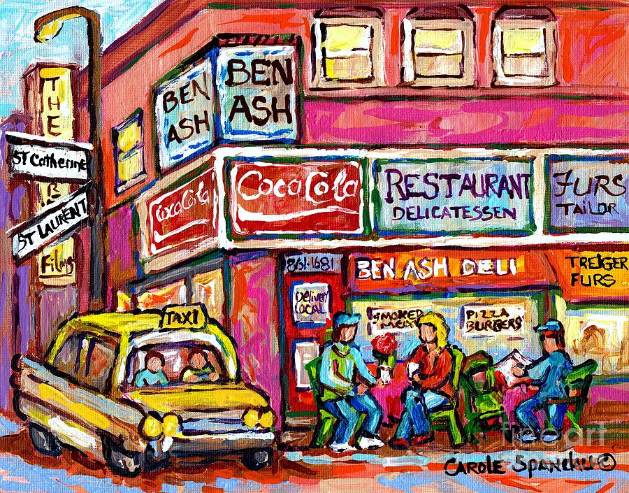 Ben Ash Rue St Catherine St Laurent Montreal Memories Retaurant Cafe Scene Vintage Painting Cspandau Painting by Carole Spandau